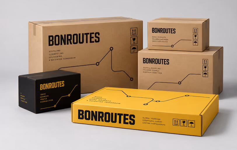 Bonroutes packaging concept in kraft, black and yellow; AI-generated illustrative brand artwork